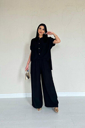 Siyah Önü Pileli İkili Keten Takım