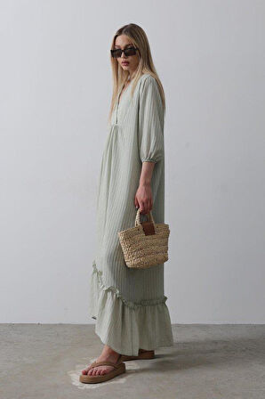 Çizgili Oversize V Yaka Elbise - Haki