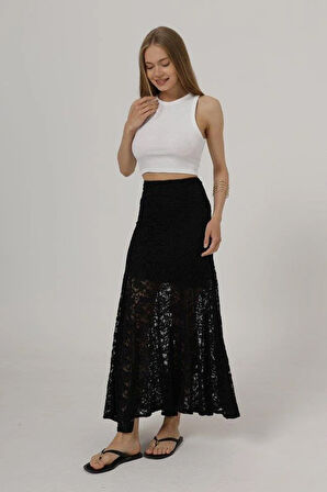 Bel Lastikli Dantel Etek - Siyah