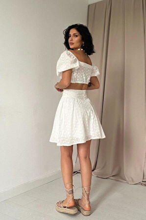 Ekru Brode Crop Ve Mini Etek Takım