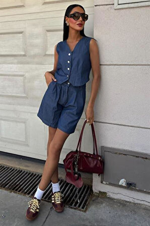 Gümüş Düğmeli Yelek Ve Şort Tensel Takım 10174