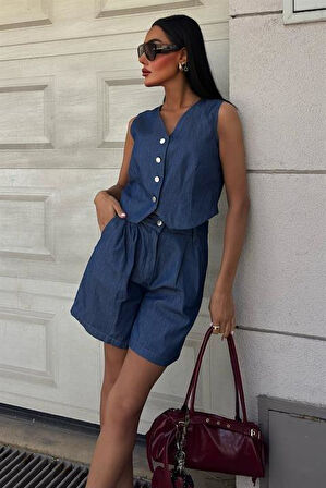 Gümüş Düğmeli Yelek Ve Şort Tensel Takım 10174