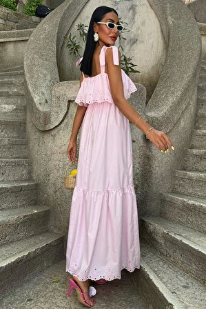 Etek Ucu Brode Nakışlı Boyundan Bağlamalı Elbise 2881