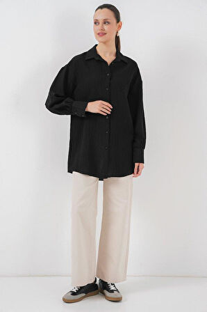 Çizgili Uzun Gömlek Tunik 5963 - Siyah