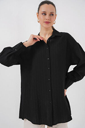 Çizgili Uzun Gömlek Tunik 5963 - Siyah