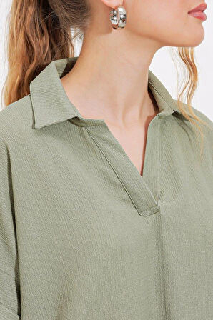 Çağla Oversize Polo Yaka Örme Bluz 0486