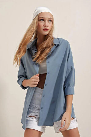 3900 Oversize Uzun Basic Gömlek - İndigo