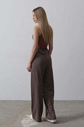 Beli Yarım Lastikli Palazzo Pantolon - Kahve