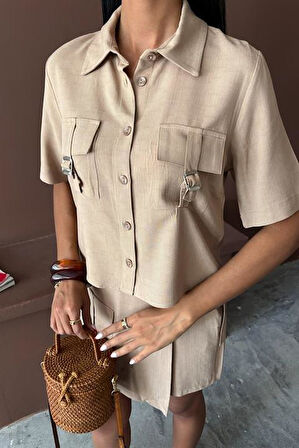 Gömlek Şort Etek Viscon Keten Takım 10162