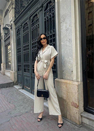 KETEN TULUM BEL BAĞLAMA DETAYLI - Krem