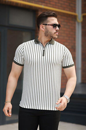 Erkek çizgili Fermuar Yakalı Kısa Kollu Tişört