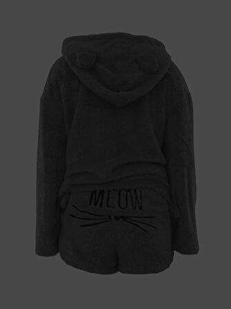 Kadın Uzun Kollu Meow Kedi Nakışlı Kapşonlu Peluş Sweat Ve Short Ikili Takım