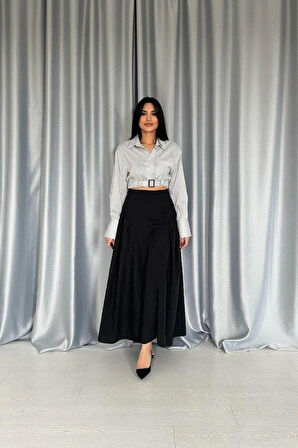 Siyah Yanları Büzgülü Uzun Etek