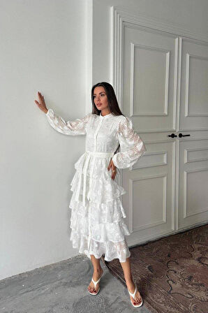 Beyaz Valonlu Şeritli Kat Kat Elbise