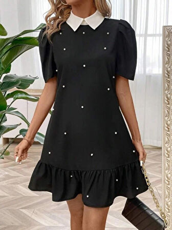 Kadın Kısa Kollu Yakalı Inci Detaylı Kısa Ithal Krep Elbise