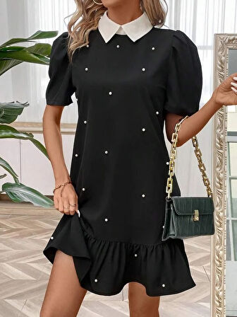 Kadın Kısa Kollu Yakalı Inci Detaylı Kısa Ithal Krep Elbise