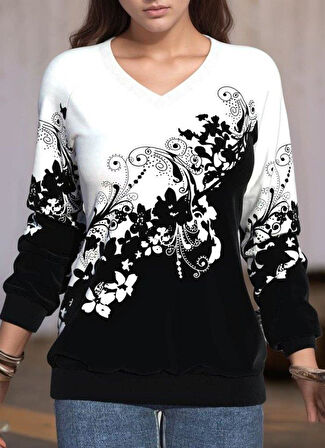 Kadın Uzun Kollu V Yakalı çiçek Baskılı şardonlu Dalgıç Bluz