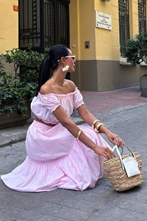 Büzgülü Crop Kat Detaylı Fırfır Etekli Takım 10196