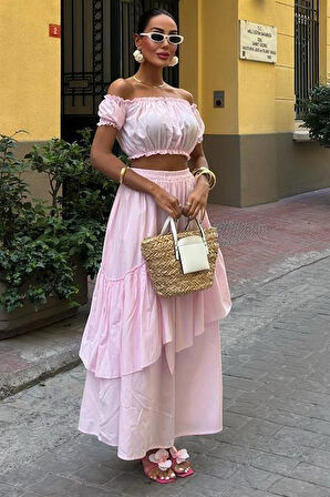 Büzgülü Crop Kat Detaylı Fırfır Etekli Takım 10196