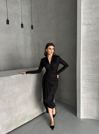Drape Detaylı Midi Elbise