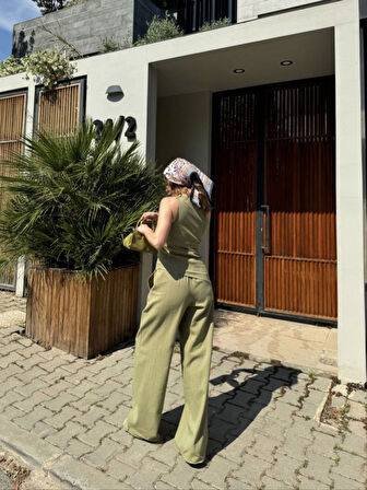 Keten Asimetrik Tek Omuzlu Bluz Pantalon Takım- Su Yeşili