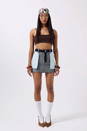 Ters Detay Denim Mini Etek