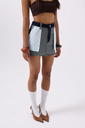 Ters Detay Denim Mini Etek