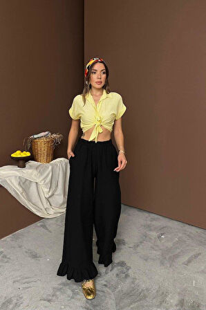 Siyah Paçası Fırfırlı Keten Pantolon