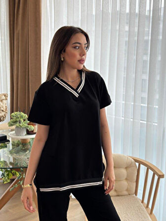 Kadın Kısa Kollu V Yakalı Iki Iplik Bluz Ve Pantolon Ikili Takım