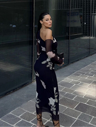 Tek Omuz Asimetrik Desenli Uzun Şifon Elbise - Siyah