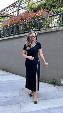 Kadın Yuvarlak Ribana Yaka Beyaz Yırtmaç Detaylı Viskon Tam Boy Elbise