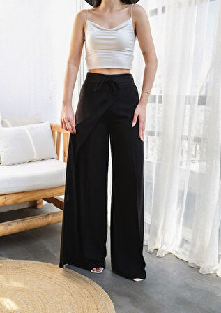 Keten Önü Çapraz Parçali Lasti̇kli̇ Ve Bağcikli Geni̇ş Paça Pantolon