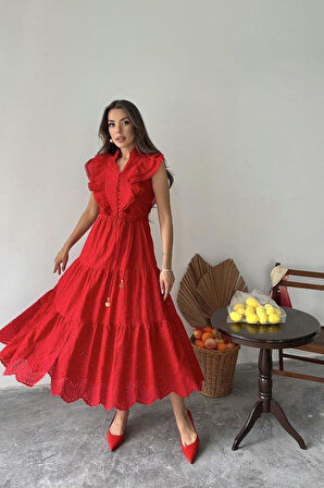 Kırmızı Fırfırlı Düğmeli Elbise