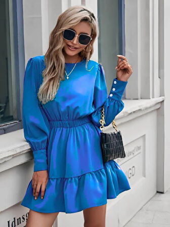 Kadın Uzun Kollu Bisiklet Yaka Beli Lastikli Fırfırlı Ithal Krep Elbise