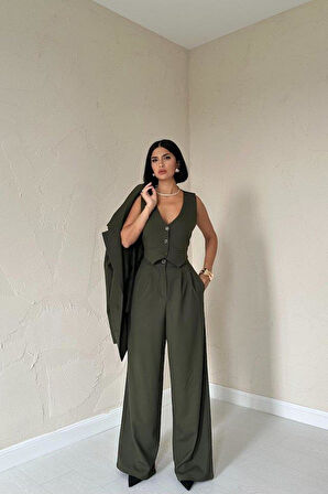 Haki Klas Ceket Ve Yelek Ve Pantolon Takım