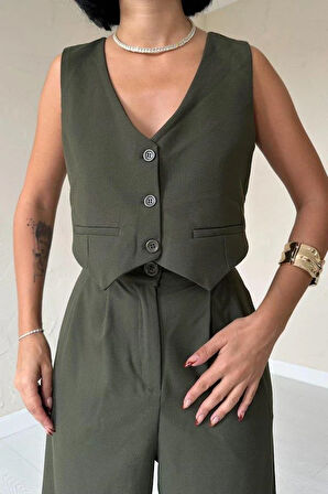 Haki Klas Ceket Ve Yelek Ve Pantolon Takım