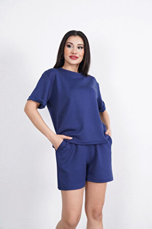 Osy Modal Yumuşak Dokulu Kumaş Bisiklet Yaka T-shirt Kısa Şort İkili Takım - Mavi