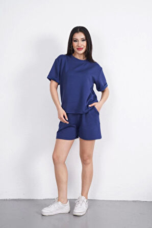 Osy Modal Yumuşak Dokulu Kumaş Bisiklet Yaka T-shirt Kısa Şort İkili Takım - Mavi