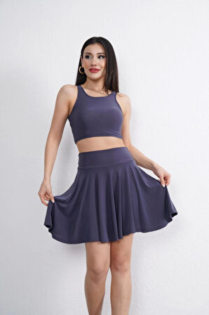 Sendy Kumaş Bisiklet Yaka Crop Şortlu Etek Ikili Takım - Antrasit