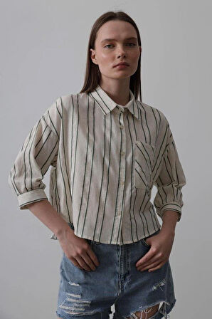 Çizgili Kısa Gömlek - Bej-Yeşil