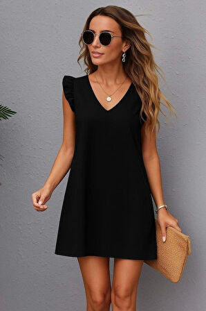 Kadın Kısa Kollu V Yakalı Ithal Krep Elbise
