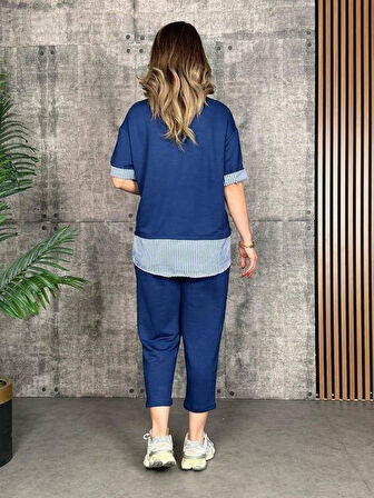 Kadın Modal Kumaş çizgili Gömlek Yaka Ikili Takım