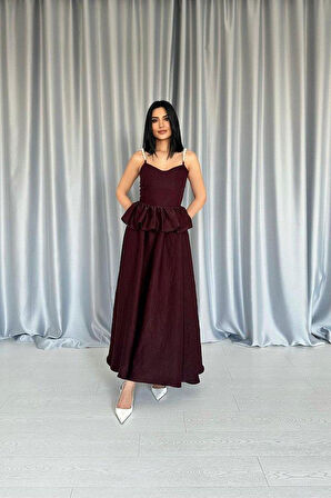 Bordo Beli Büzgülü İnci Askılı Uzun Elbise