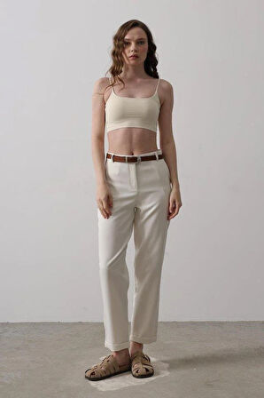 Kemerli Havuç Pantolon - Ekru