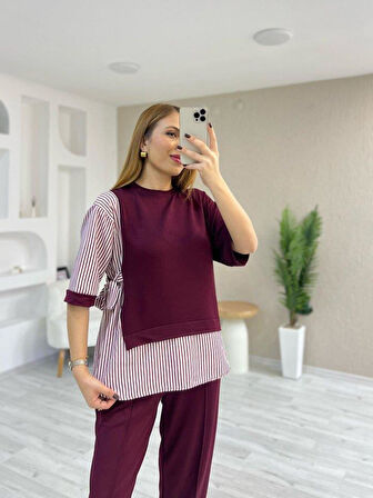 Kadın Kristal 2 Iplik Kumaş Yanları çizgili Takım