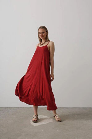 Askılı Uzun Çan Elbise - Bordo