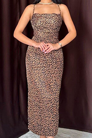 Leopar Sırt Detaylı Leopar Desenli Saten Elbise