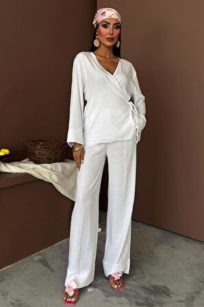 Kruvaze Model Klasik Pantolonlu Çupra Keten Takım 10191