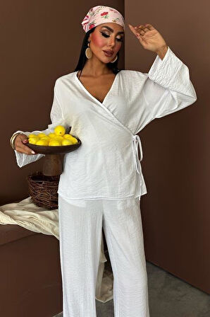 Kruvaze Model Klasik Pantolonlu Çupra Keten Takım 10191