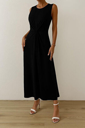 Kadın Sıfır Kollu Bisiklet Yaka Yandan Büzgü Detaylı Viskon Elbise